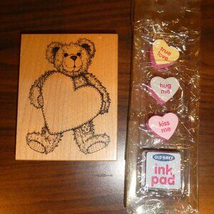 Teddy Bear Heart PSX Rubber Stamp Wood Mounted with 3 free tiny heart stamps